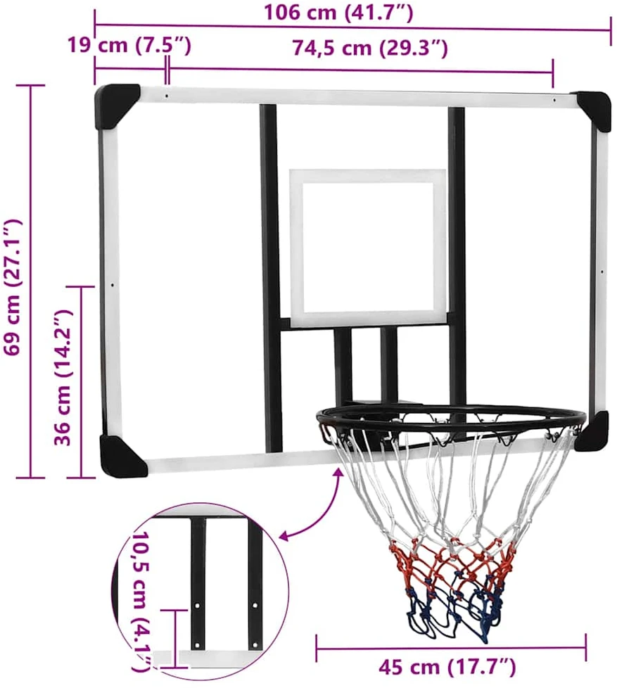 Krepšinio lenta, skaidri, 106x69x3cm, polikarbonatas