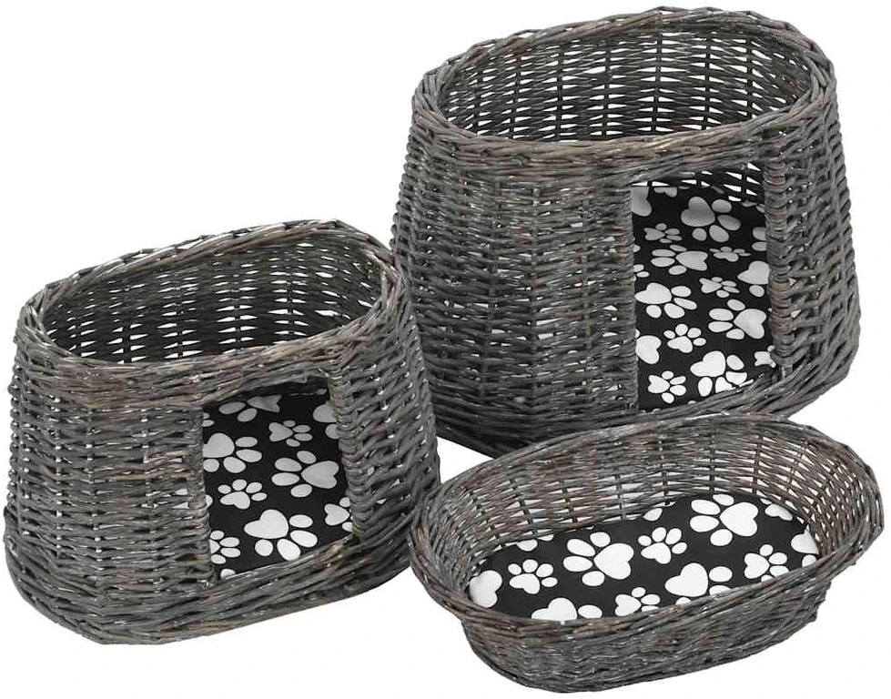 Krepšių katėms rinkinys, 3 dalių, pilkas, 47x34x60cm, gluosnis