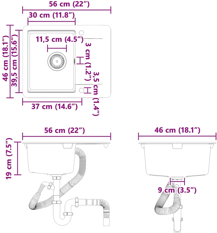 Kriauklė 80% Kvarcas ir 20% Derva 560 x 460 mm Pilka