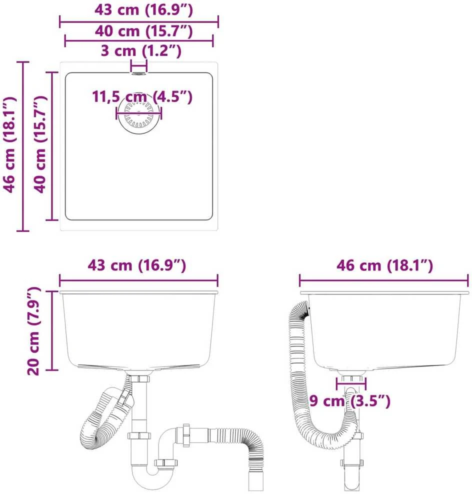 Kriauklė 80% Kvarcas ir 20% Derva 430 x 460 mm Juoda