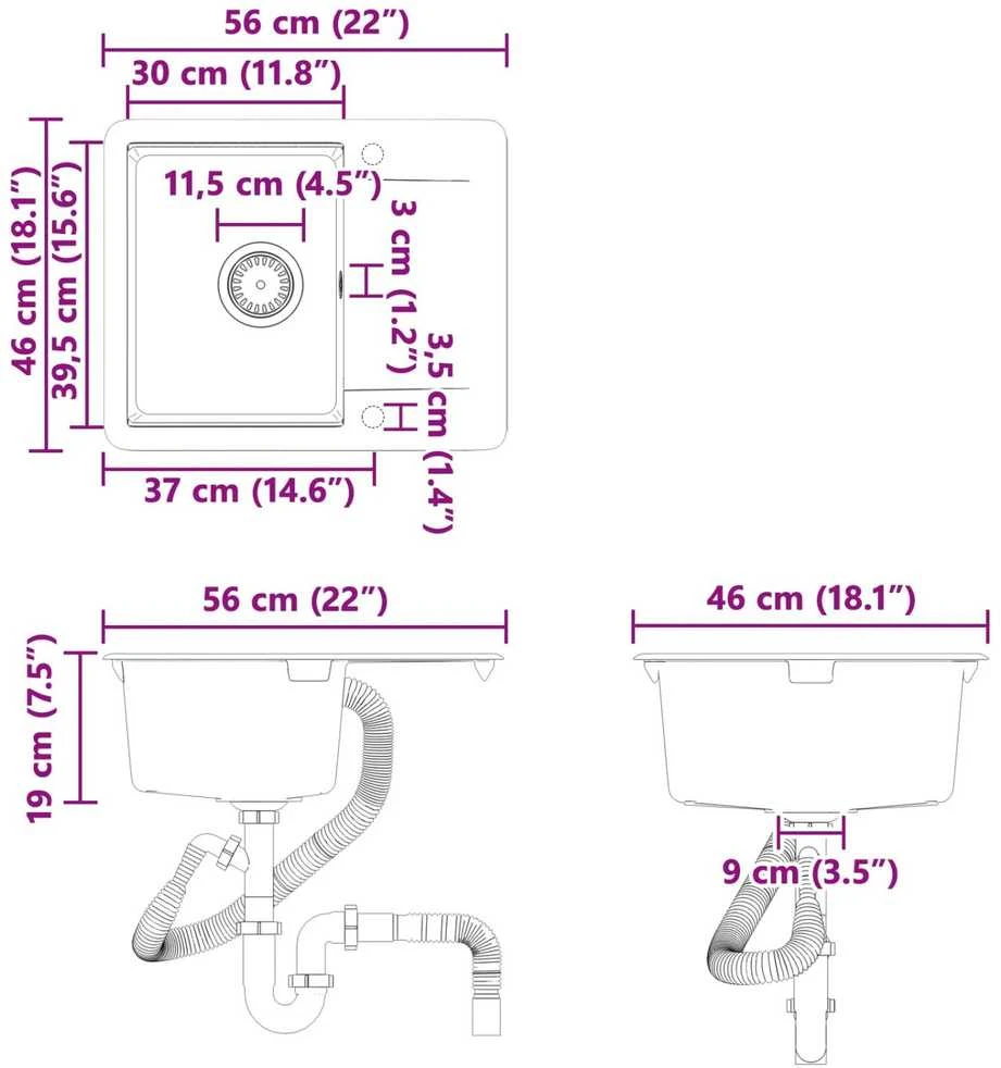 Kriauklė 80% Kvarcas ir 20% Derva 560 x 460 mm Juoda