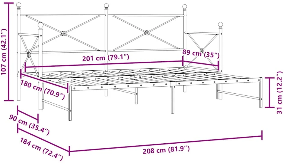 kušetė su kušete be čiužinio Balta 90x200 cm plienas