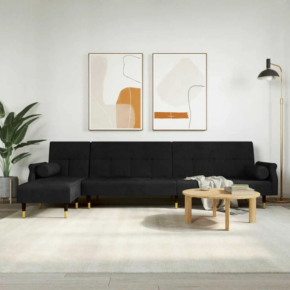 L formos sofa-lova, juodos spalvos, 271x140x70cm, aksomas