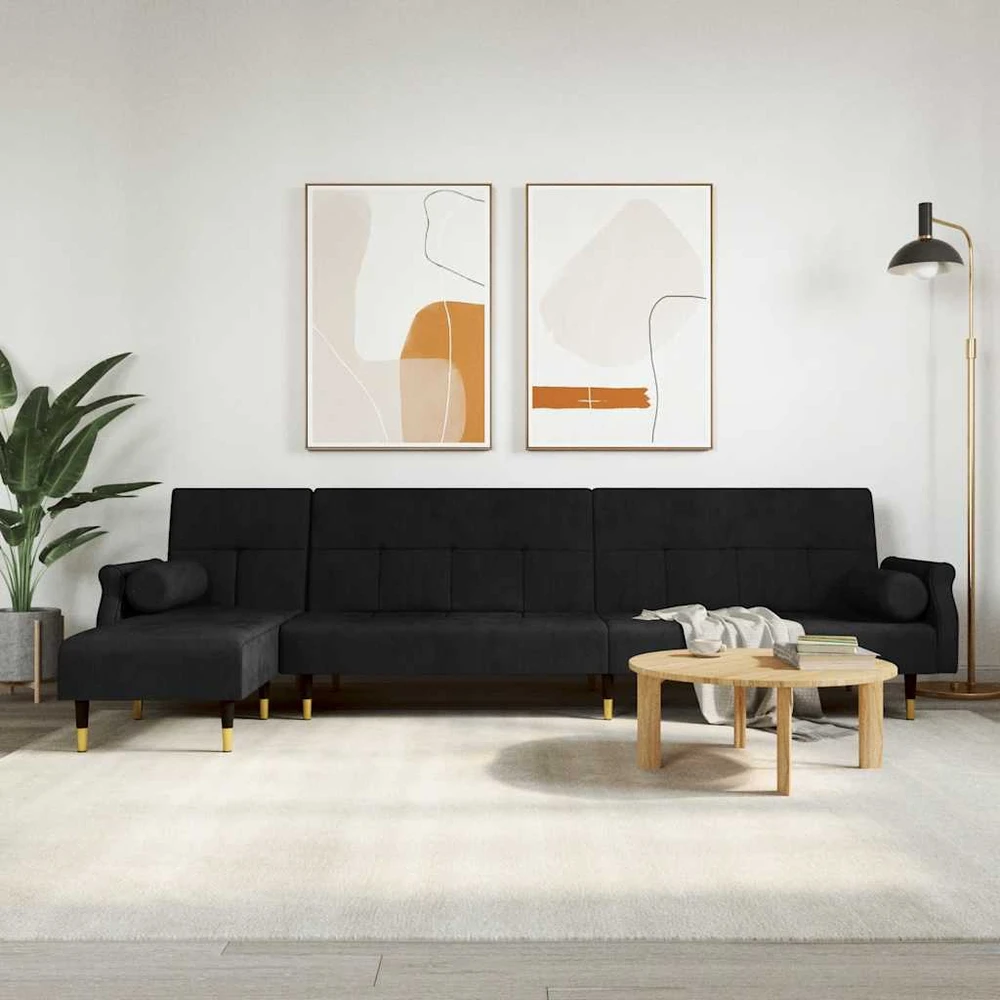 L formos sofa-lova, juodos spalvos, 271x140x70cm, aksomas