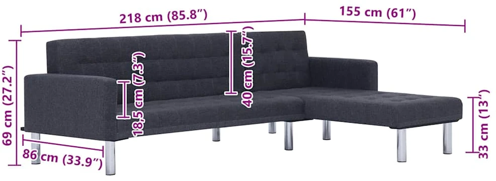 L formos sofa-lova, tamsiai pilkos spalvos, poliesteris