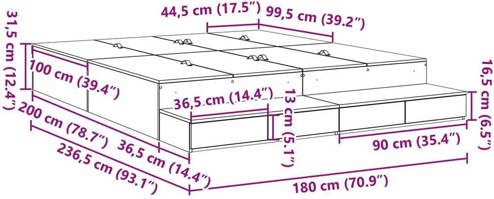 Lova su daiktų laikymo vieta su stalčių Betono pilka 180 cm