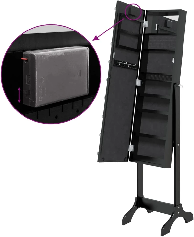 Laisvai pastatomas veidrodis su LED, juodas, 34x37x146cm