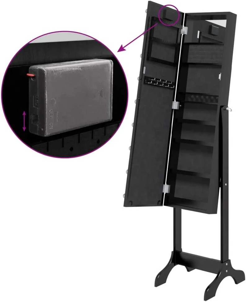 Laisvai pastatomas veidrodis su LED, juodas, 34x37x146cm