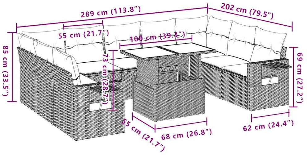 Lauko baldų komplektas 10 dalių sodo sofų komplektas su pagalvėlėmis, pilkas, poliratanas