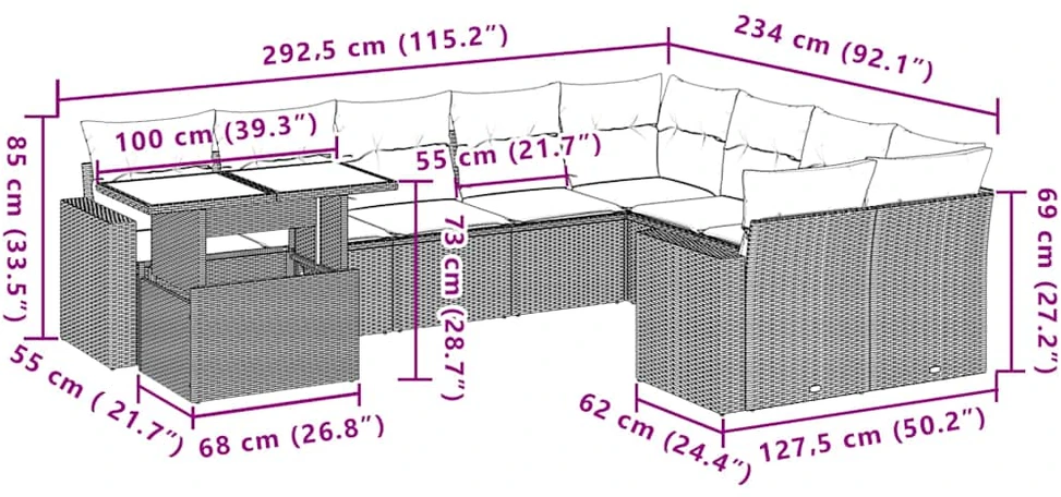 10 dalių sodo sofų komplektas su pagalvėlėmis, rudas, poliratanas