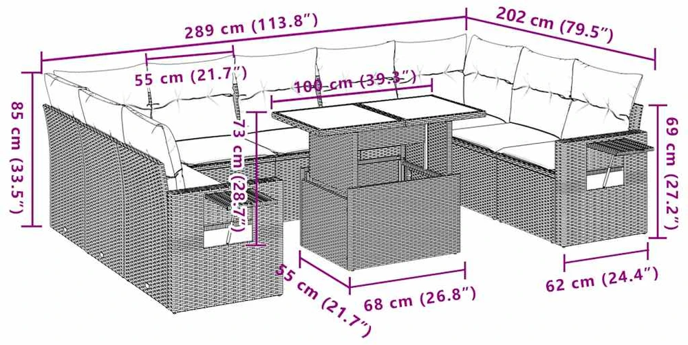 10 dalių sodo sofų komplektas su pagalvėlėmis, rudas, poliratanas