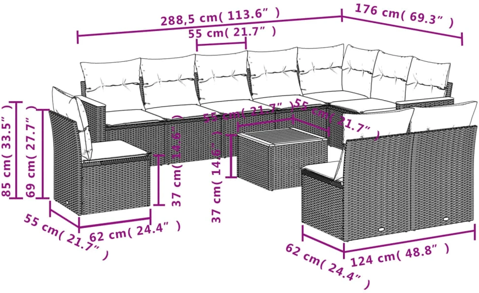 Lauko baldų komplektas 11 dalių sodo sofų komplektas su pagalvėlėmis, pilkas, poliratanas