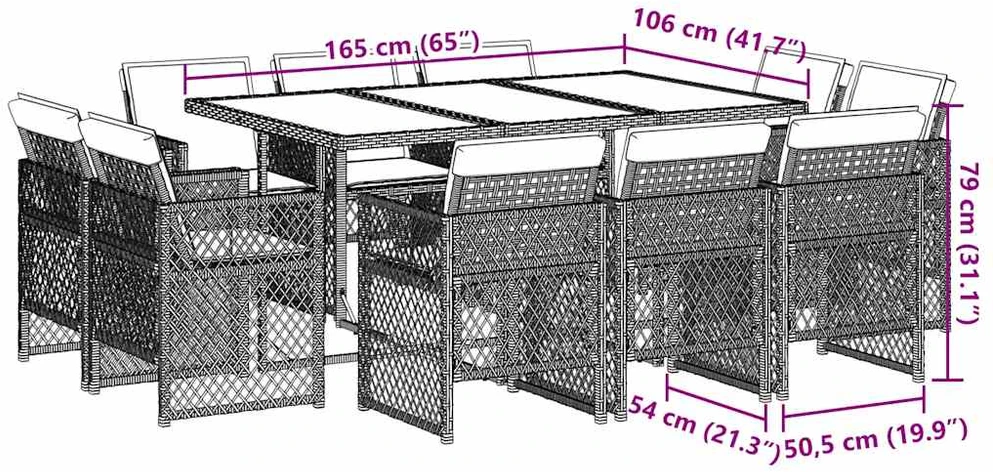 Lauko baldų komplektas 11 dalių sodo valgomojo baldų komplektas su pagalvėlėmis, rudas, poliratanas