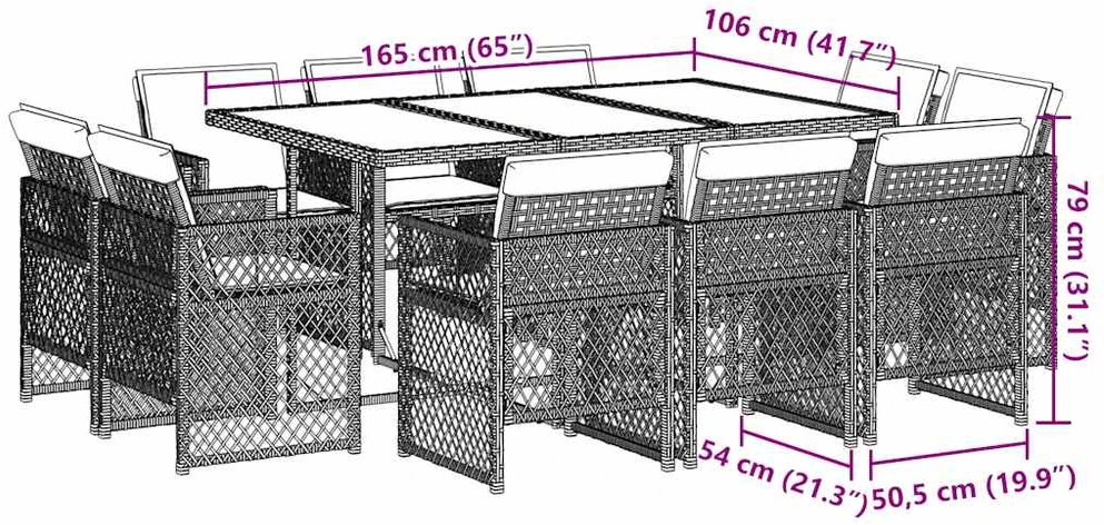 Lauko baldų komplektas 11 dalių sodo valgomojo baldų komplektas su pagalvėlėmis, pilkas, poliratanas