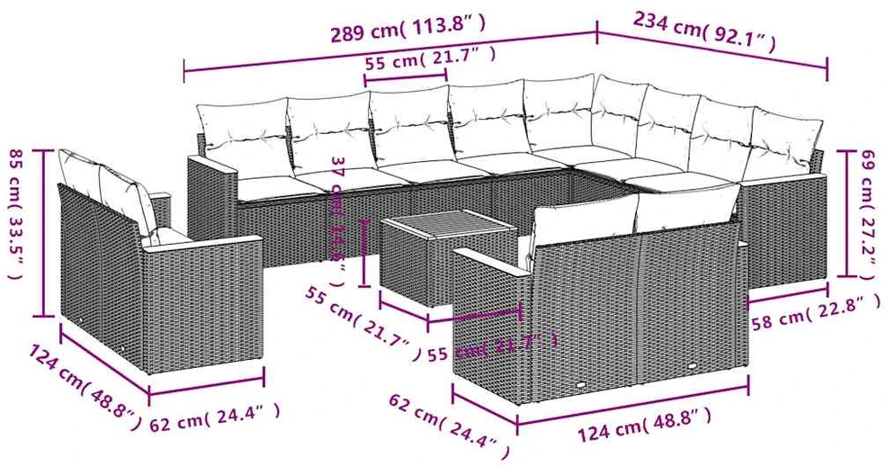 13 dalių sodo sofų komplektas su pagalvėlėmis, juodas, poliratanas