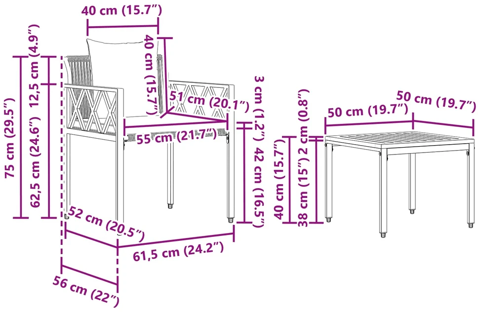 Lauko baldų komplektas 3 vnt. Pilka ir tamsiai mėlyna