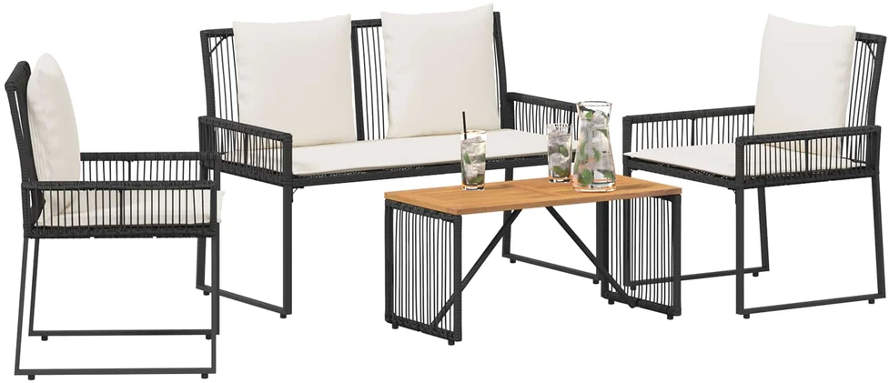 Lauko baldų komplektas 4 pcs Juoda ir kreminė balta poliratanas