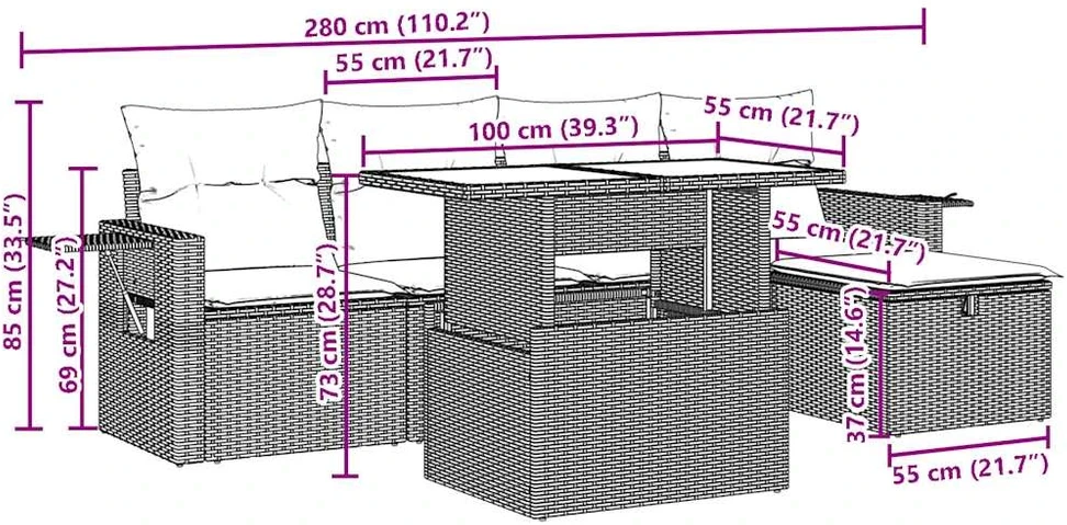 6 dalių sodo sofų komplektas su pagalvėlėmis, rudas, poliratanas