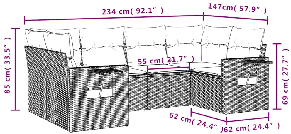 Lauko baldų komplektas 6 dalių sodo sofų komplektas su pagalvėlėmis, pilkas, poliratanas