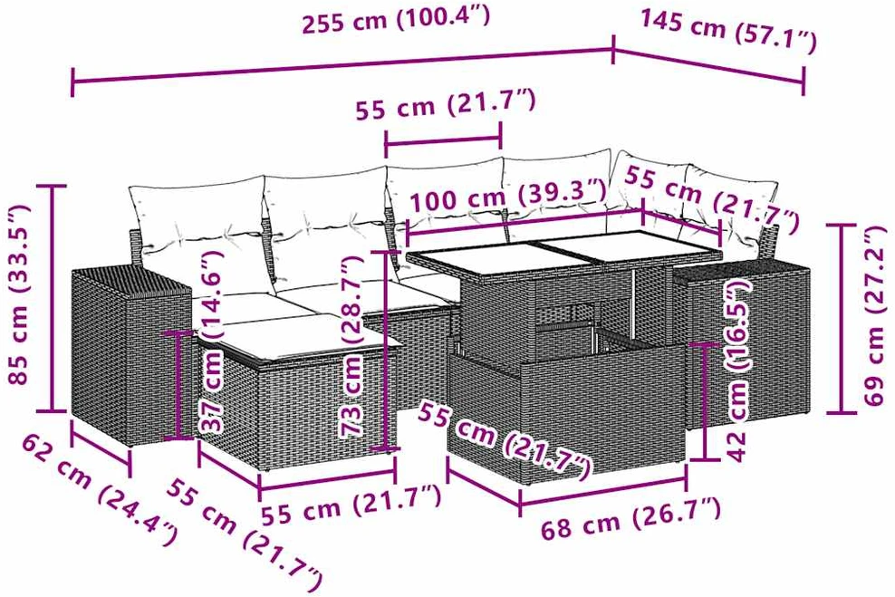 7 dalių sodo sofų komplektas su pagalvėlėmis, rudas, poliratanas