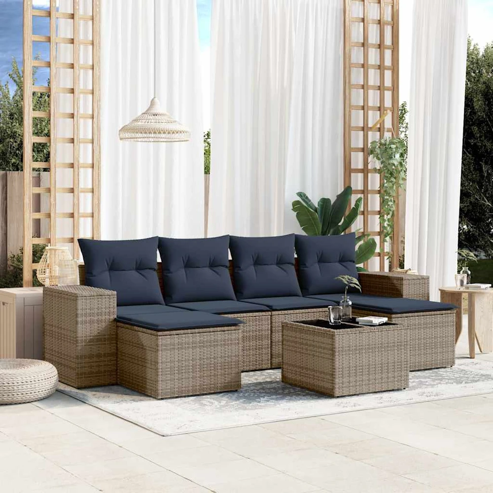 7 dalių sodo sofų komplektas su pagalvėlėmis, pilkas, poliratanas