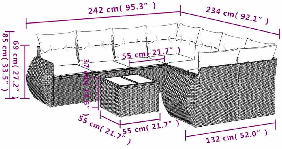 9 dalių sodo sofų komplektas su pagalvėlėmis, pilkas, poliratanas