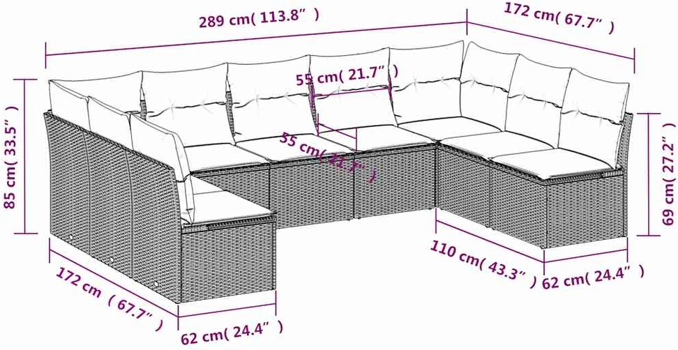 9 dalių sodo sofų komplektas su pagalvėlėmis, juodas, poliratanas