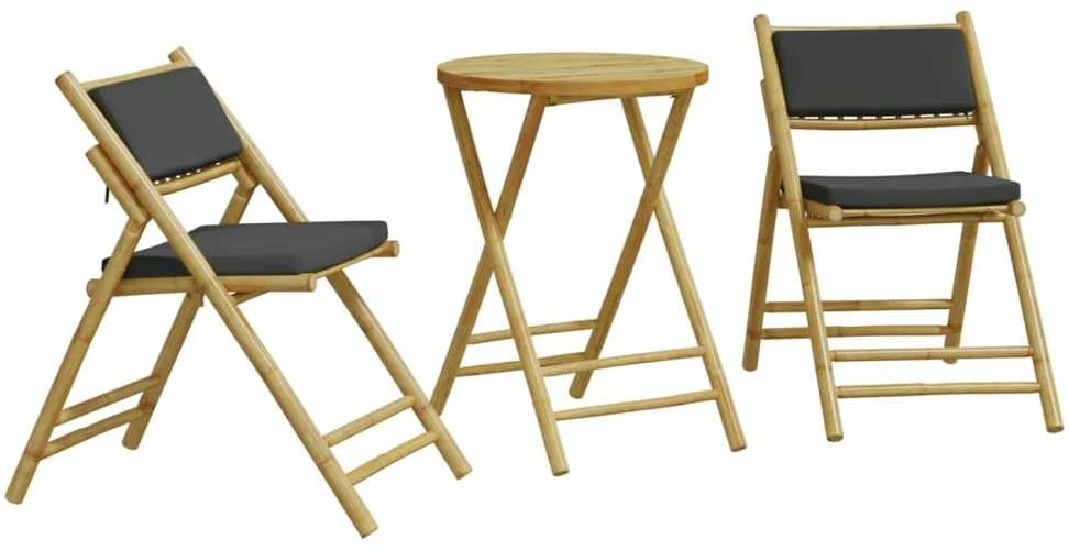 Lauko baldų komplektas Bistro komplektas su pilkomis pagalvėlėmis, 3 dalių, bambukas