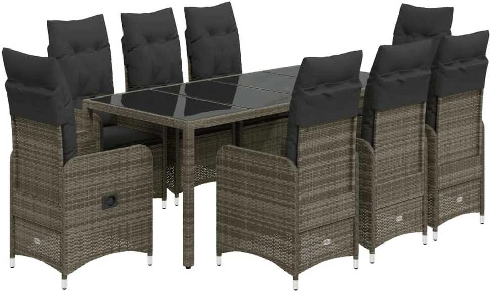 Bistro komplektas su pagalvėlėmis, 9 dalių, pilkas, poliratanas