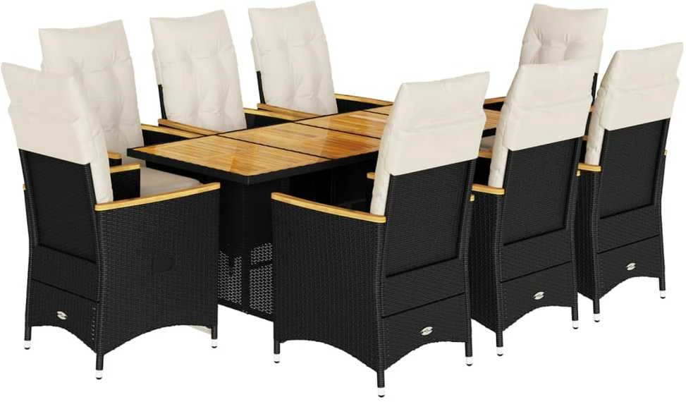 Bistro komplektas su pagalvėlėmis, 9 dalių, juodas, poliratanas