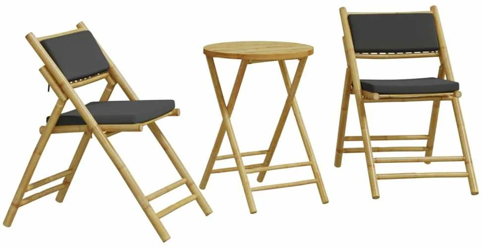 Lauko baldų komplektas Bistro komplektas su pilkomis pagalvėlėmis, 3 dalių, bambukas