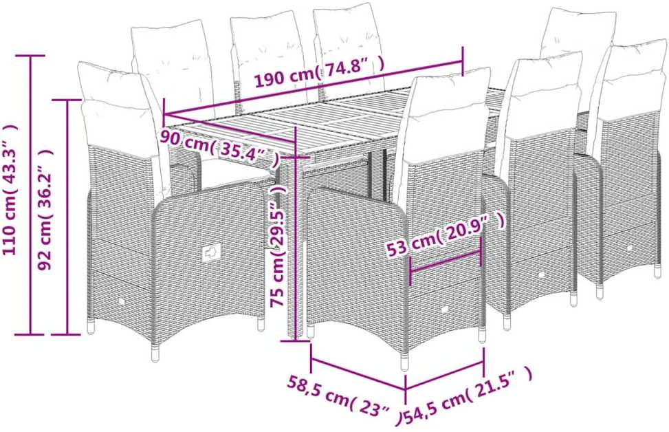 Bistro komplektas su pagalvėlėmis, 9 dalių, pilkas, poliratanas