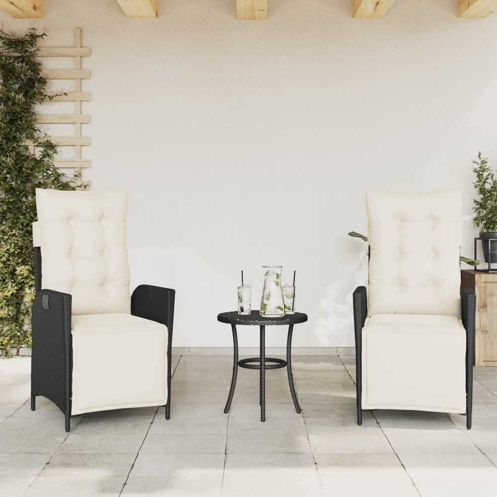 Lauko baldų komplektas Bistro komplektas su pagalvėlėmis, 3 dalių, juodas, poliratanas