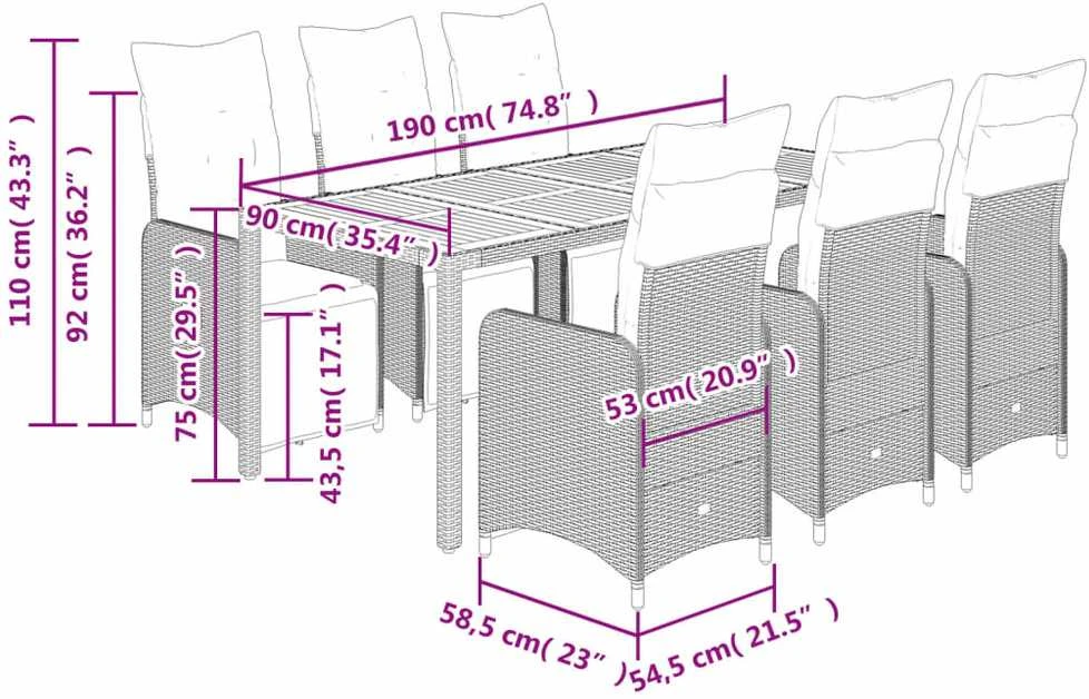 Bistro komplektas su pagalvėlėmis, 7 dalių, pilkas, poliratanas