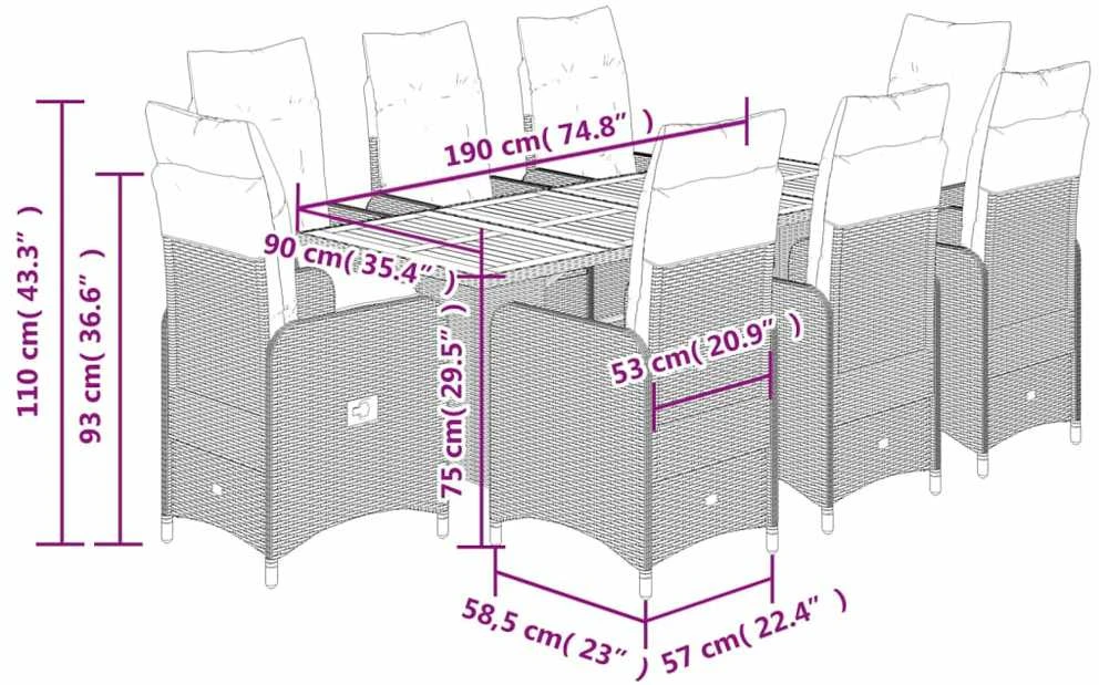 Bistro komplektas su pagalvėlėmis, 9 dalių, juodas, poliratanas