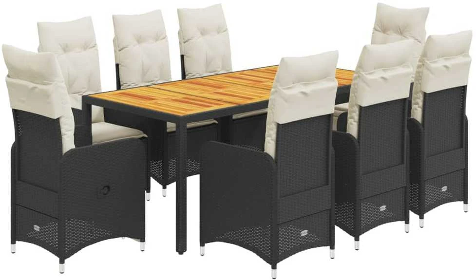 Bistro komplektas su pagalvėlėmis, 9 dalių, juodas, poliratanas