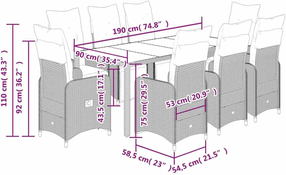 Bistro komplektas su pagalvėlėmis, 9 dalių, rudas, poliratanas