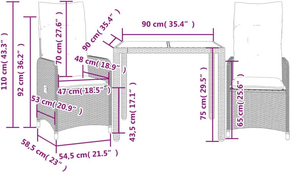 Bistro komplektas su pagalvėlėmis, 3 dalių, rudas, poliratanas