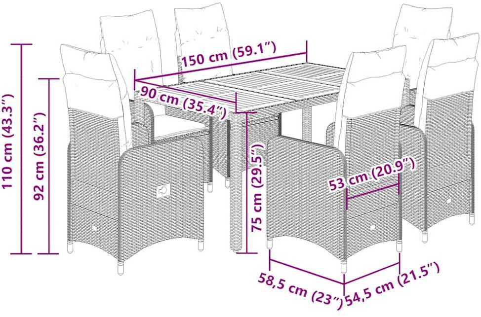 Lauko baldų komplektas Bistro komplektas su pagalvėlėmis, 7 dalių, pilkas, poliratanas