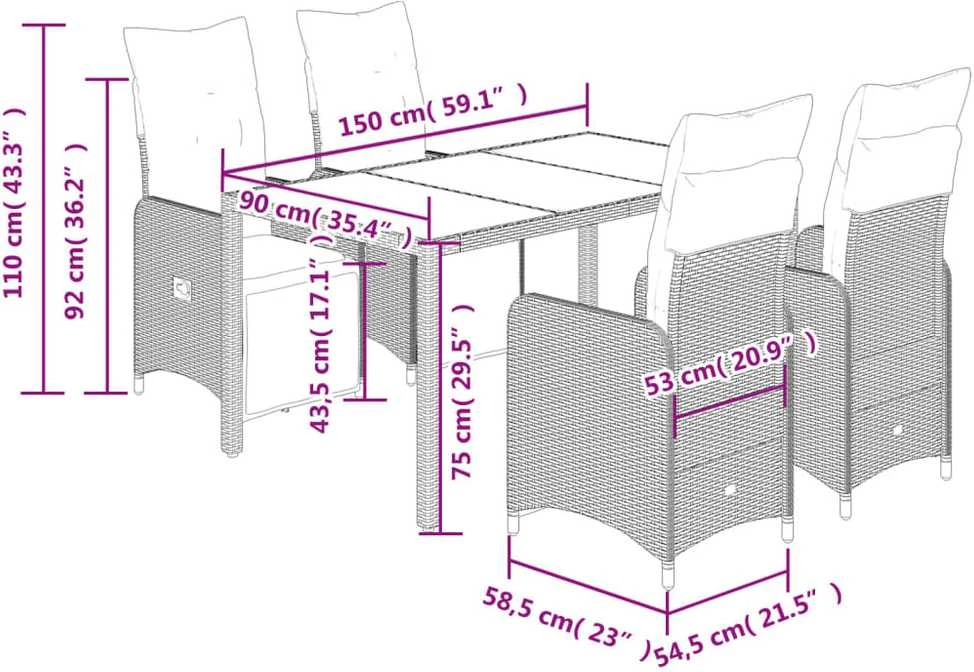 Bistro komplektas su pagalvėlėmis, 5 dalių, pilkas, poliratanas