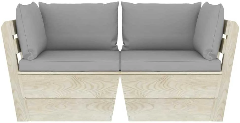 Lauko baldų komplektas Dvivietė sodo sofa iš palečių su pagalvėlėmis, eglės mediena