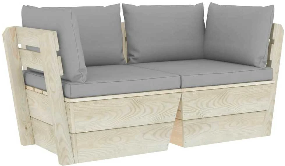 Lauko baldų komplektas Dvivietė sodo sofa iš palečių su pagalvėlėmis, eglės mediena