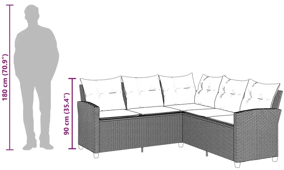 Lauko baldų komplektas L formos sofa su pagalvėlėmis, smėlio spalvos, poliratanas