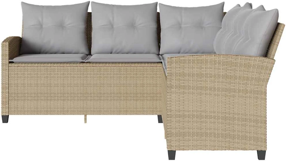 Lauko baldų komplektas L formos sofa su pagalvėlėmis, smėlio spalvos, poliratanas