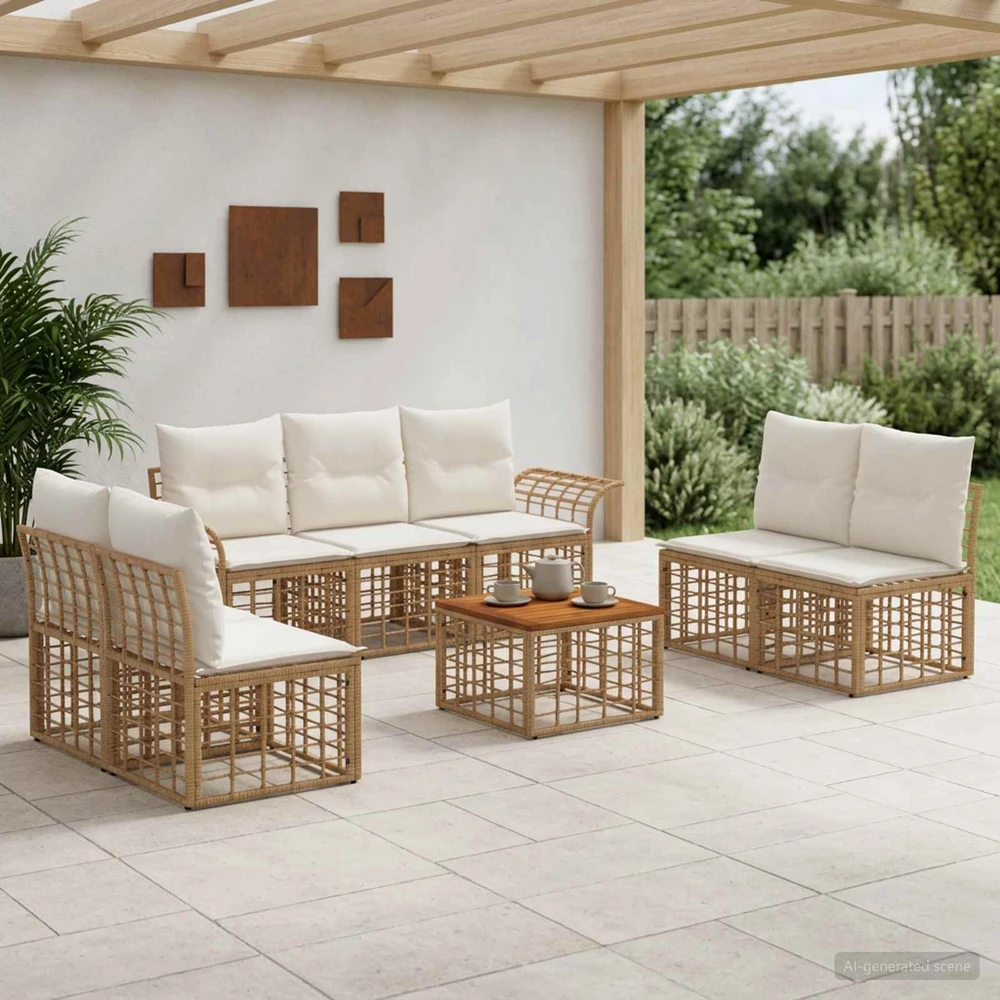Lauko sofos komplektas 8 vnt. Natūralus ir grietinėlės baltas