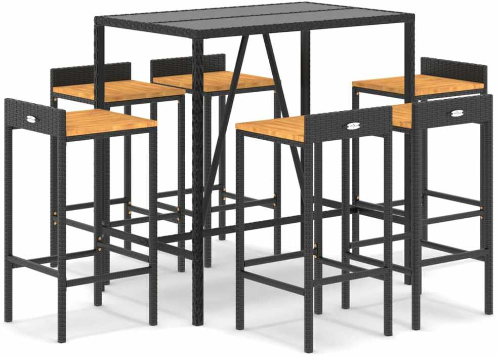 Lauko baldų komplektas Sodo baro komplektas, 7 dalių, juodas, poliratanas ir akacija