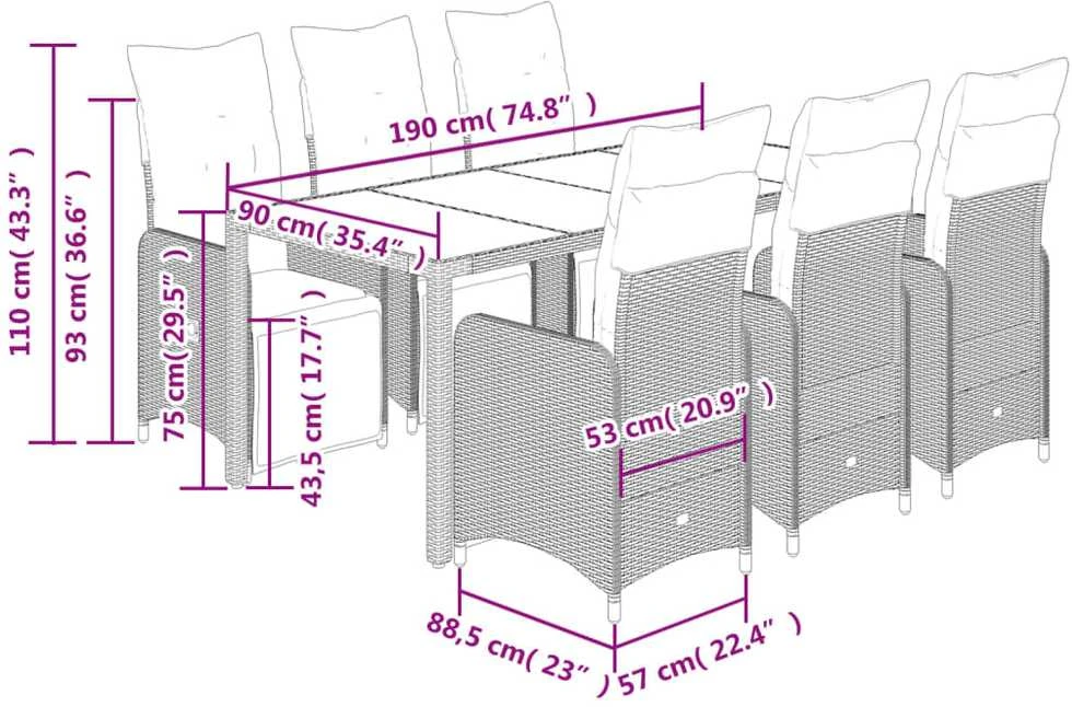 Sodo bistro komplektas su pagalvėmis, 7 dalių, juodas, ratanas