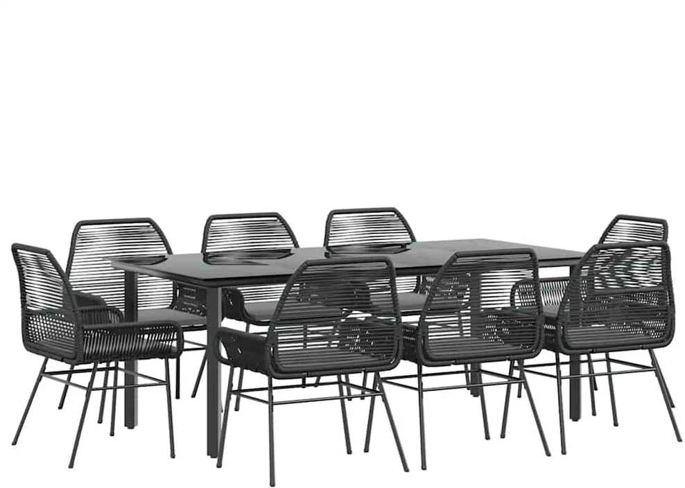 Lauko baldų komplektas Sodo komplektas, 9 dalių, juodas, poliratanas ir stiklas