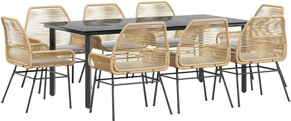 Lauko baldų komplektas Sodo komplektas, 9 dalių, rudas, poliratanas ir stiklas