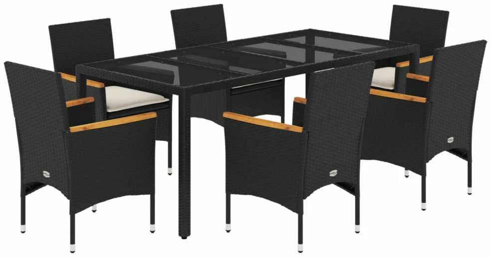 Lauko baldų komplektas Sodo komplektas, 7 dalių, juodas, poliratanas ir akacija